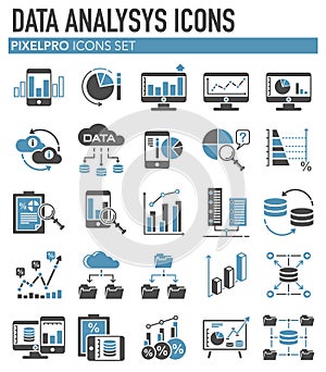 Data analysys grey blue icons set on white background for graphic and web design, Modern simple vector sign. Internet concept. photo