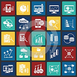 Data analysys icons set on color squares background for graphic and web design, Modern simple vector sign. Internet concept. photo