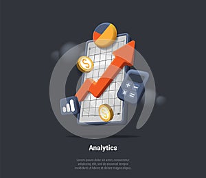 Data Analytics, 3D Increase Chart With Calculator And Gold Coins. SEO Optimization For Marketing Social Media. Financial