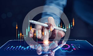 Data Analytics and Analyst working with computer in Business Management System to make report with KPI and metrics connected to