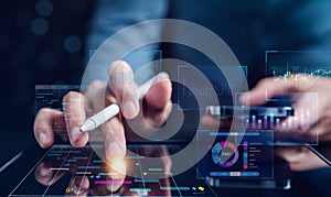 Data Analytics and Analyst working with computer in Business Management System to make report with KPI and metrics connected to