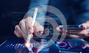 Data Analytics and Analyst working with computer in Business Management System to make report with KPI and metrics connected to