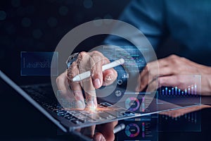 Data Analytics and Analyst working with computer in Business Management System to make report with KPI and metrics connected to