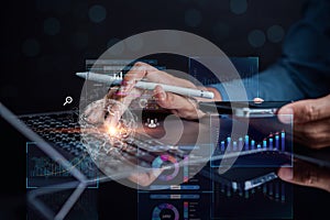 Data Analytics and Analyst working with computer in Business Management System to make report with KPI and metrics connected to