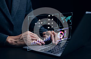 Data Analytics and Analyst working with computer in Business Management System to make report with KPI and metrics connected to