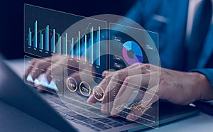 Data analytics automated with AI technology. Dashboard report KPI insights. Analyst use computer datum business analysis and