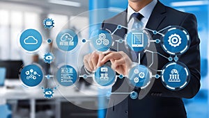 Data analytics, and automation, all interconnected by gear-like shapes.