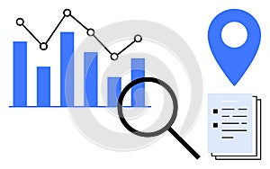 Data Analytics with Bar Chart, Magnifying Glass, Location Pin, and Documents