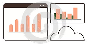Data Analytics with Bar Graphs in Browser Window and Cloud Storage Illustration