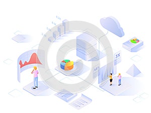 Data Analytics based web template design with isometric view of