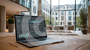 Data analytics and business intelligence dashboard displayed on a laptop in a modern office setting