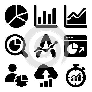Data analytics and business intelligence solid glyph icon set