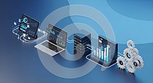 Data Analytics Business Intelligence Technology Workflow Server Gears Blue Isometric