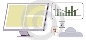 Data Analytics and Cloud Computing Concept with Monitor, Charts, and User Interface Elements