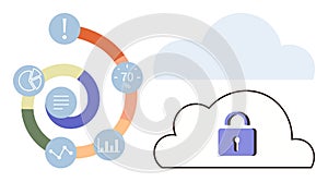 Data Analytics and Cloud Security Concept with Pie Chart, Metrics, and Cloud Lock Icon