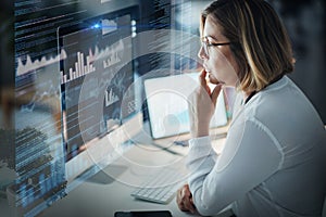 Data analytics, computer screen and woman in night for stock market research, graphs and chart analysis. Trading app