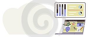 Data Analytics and Cybersecurity Visualization with Bar Graphs, Pie Charts, and Secure Laptop Interface