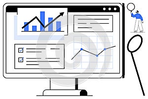 Data Analytics Dashboard with Charts, Metrics, and Graphs Displayed on Desktop Monitor