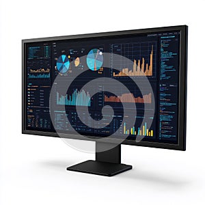 Data analytics dashboard on computer monitor displaying graphs and charts in dark theme