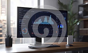 Data Analytics Dashboard Displaying Graphs, Charts, and Performance Metrics on Modern Monitor in Office Environment