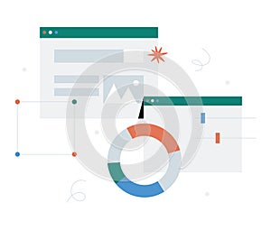 Data Analytics Dashboard With Charts And UI Elements In Flat Vector Illustration Symbolizing Web Analytics, Performance