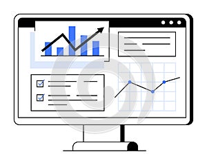 Data Analytics Dashboard with Graphs, Charts, and Checklists on a Computer Screen