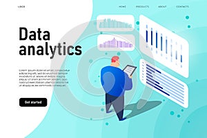 Data analytics dashboard, isometric man analyze the graphs and diagrams.