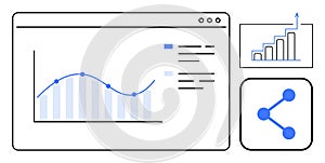 Data Analytics Dashboard with Line Graph, Bar Chart, and Sharing Icon
