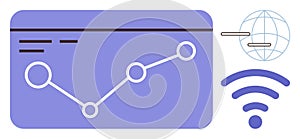 Data Analytics Dashboard with Line Graph, Global Connectivity, and wireless Signal Visualization