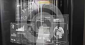 Data analytics and global statistics image over server room background