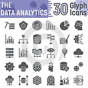 Data analytics glyph icon set, database symbols