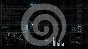 Data analytics, graphs and map with statistics, global network and technology abstract with cyber space. Code