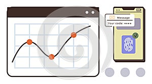 Data Analytics Growth Chart with Smartphone Authentication Process Representation