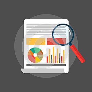 Data analytics icon with magnifying glass and charts. SEO symbol. Vector EPS 10