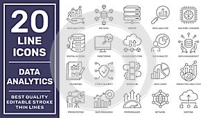 Data analytics icon set. Big data analysis technology symbol. Containing database, statistics, analytics, server