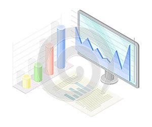 Data analytics information on computer screen isometric vector illustration