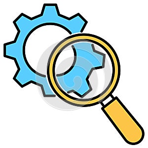 Data analytics line icon. Magnifying glass and gears