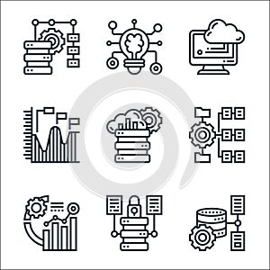 data analytics line icons. linear set. quality vector line set such as database storage, data security, data analytics, hierarchy