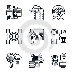 data analytics line icons. linear set. quality vector line set such as internet of things, data processing, global research,