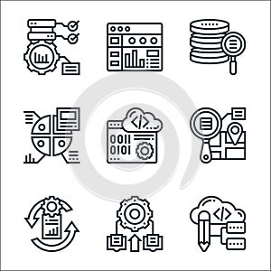 Data analytics line icons. linear set. quality vector line set such as programing, machine learning, data recovery, web address,