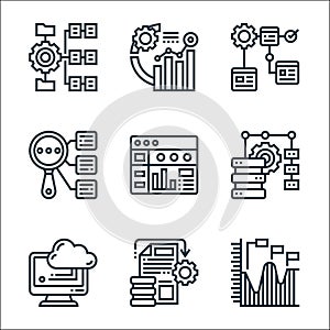 Data analytics line icons. linear set. quality vector line set such as progress chart, data processing, cloud computing, data