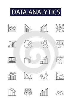 Data analytics line vector icons and signs. Analytics, Computing, Data-mining, Machine, Learning, Business, Intelligence