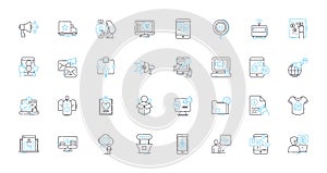 Data analytics linear icons set. Insight, Visualization, Trends, Dashboards, Algorithms, Business Intelligence