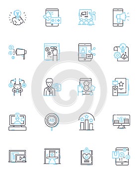 Data analytics linear icons set. Insight, Visualization, Trends, Dashboards, Algorithms, Business Intelligence