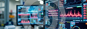 Data analytics in modern finance: monitors displaying graphs and charts in a tech office