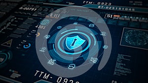 Data analytics, and network monitoring visuals, Advanced cybersecurity dashboard with encryption shield, highlighting digital