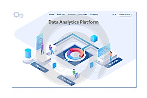 Data analytics platform isometric vector illustration.People interacting with charts and analyzing statistics. Data