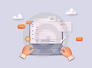 Data analytics and programming concept with laptop and charts. Business growth and coding visualization. 3D Vector Web