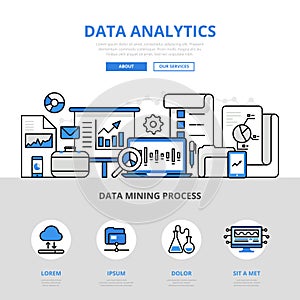 Data analytics report mining banner flat line art vector icons