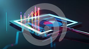 Data analytics on tablet with neon light effects